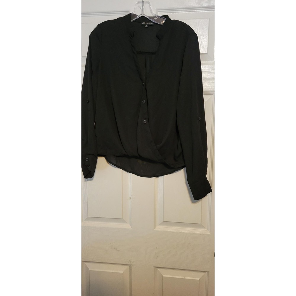 Shinestar Womens Black Surplice Button Front Roll Tab Sleeve Blouse‎ Medium